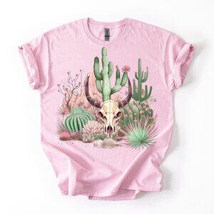 Southwest Cactus Graphic Tee Shirt Women's Pink Desert Boho Skull Grunge Style